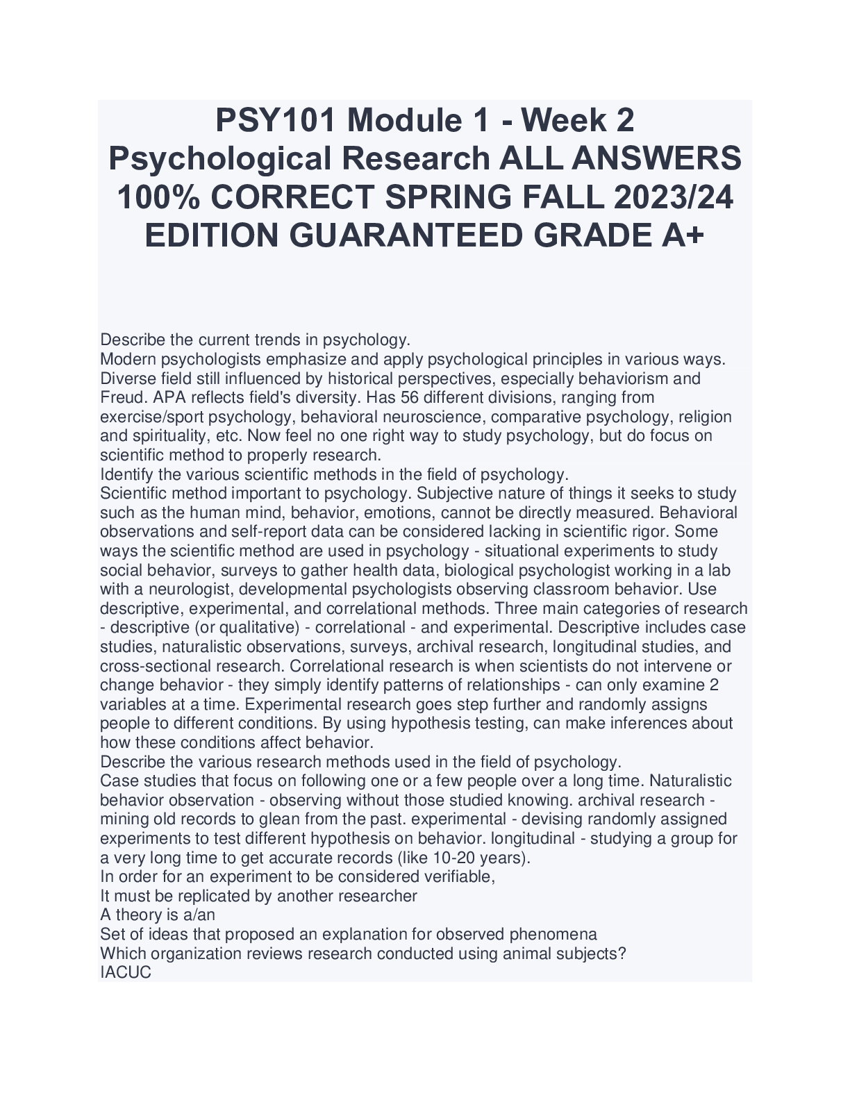 Preview image for PSY101 Module 1 - Week 2 Psychological Research ALL ANSWERS 100% CORRECT SPRING FALL 2023/24 EDITION GUARANTEED GRADE A+